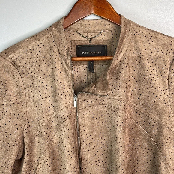 BCBGMAXAZRIA Perforated Faux Suede Crop Jacket Mocha Draped Front 3/4 Sleeves L - Picture 7 of 13